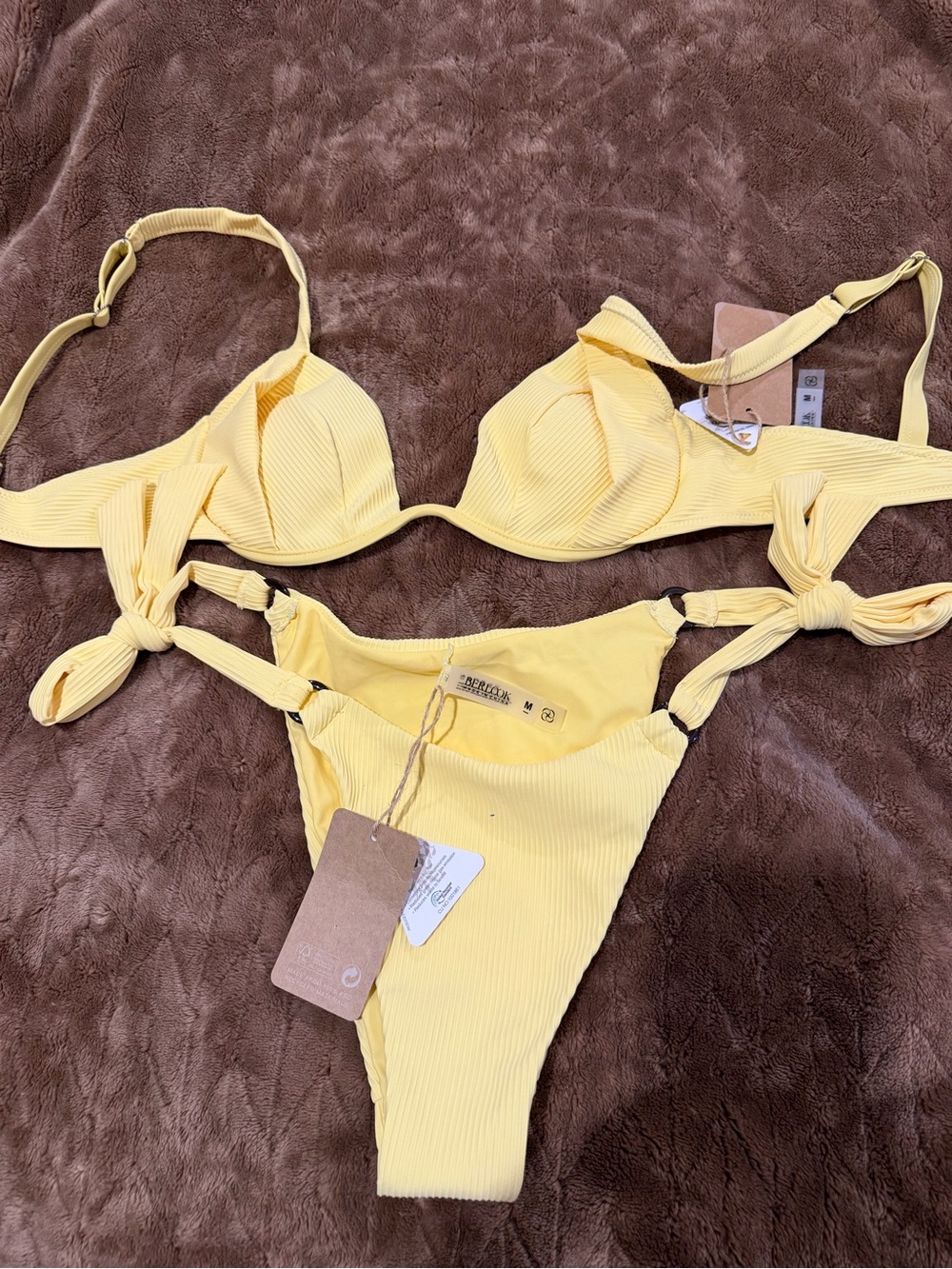 Berlook Yellow Ribbed Tie-Side Bikini Set